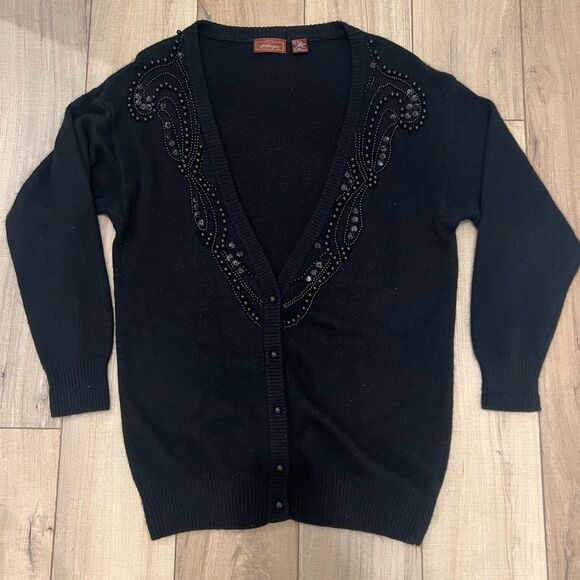 Worthington Vintage Black Silk/Angora/Lambswool Blend V-Neck Cardigan Sweater L - Picture 1 of 11